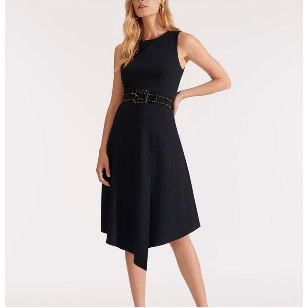 Veronica Beard Angelica Asymmetric Split Hem Sleeveless Midi Dress in Navy Blue